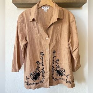 A.K.C. | Tan Linen Long Sleeve Button Down Blouse with Floral Embroidered•••1X